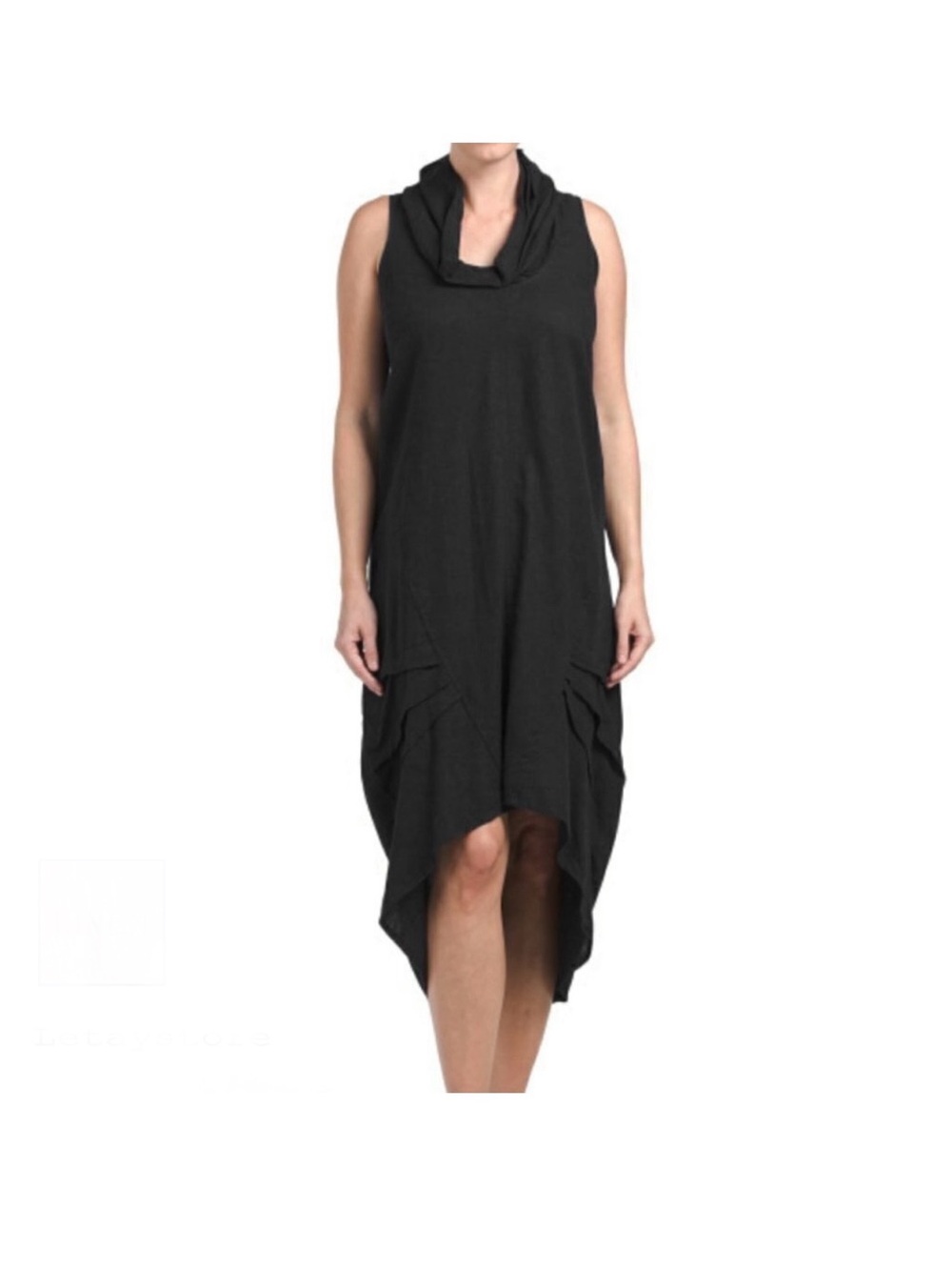 For Cynthia Black Sleeveless Cowl Neck Linen Dress